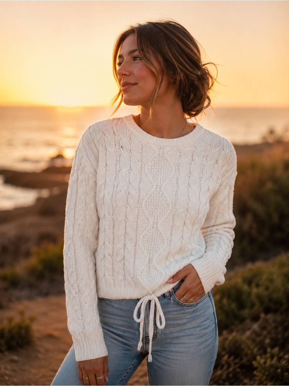SELF ESTEEM Polyester Ivory Knit Sweater With Adjustable Waist Tie Juniors Small